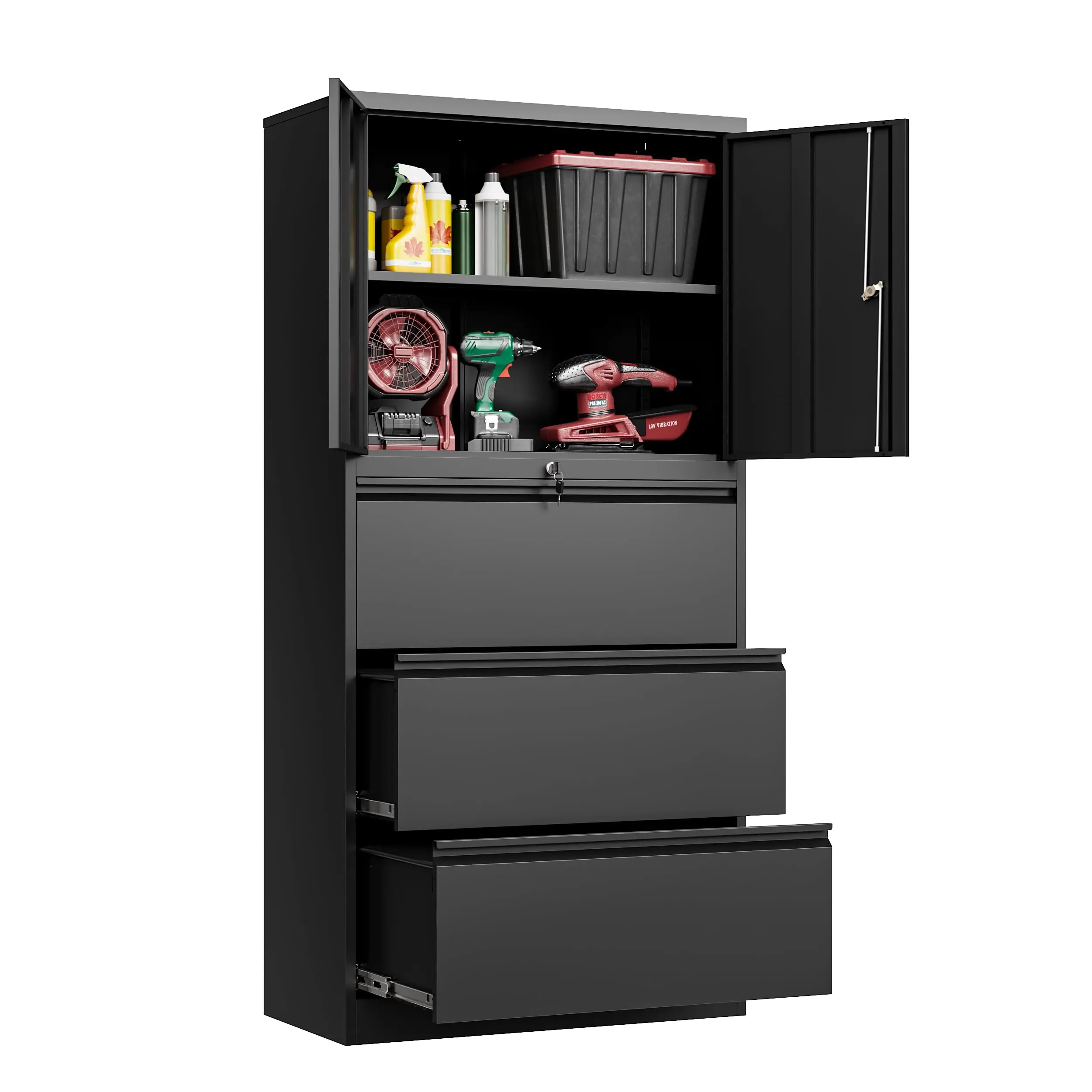 3 Drawers Lateral File Cabinet with Lockable Drawer and Door- Large Steel Filing Cabinet for Home Office Hanging Files