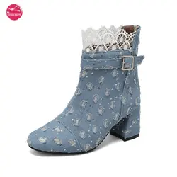 Women High Chuncky Heel Boots Lace Patchwork Distress Denim Ankle Short Booties Winter Shoes Casual Walking Outdoor Footwear