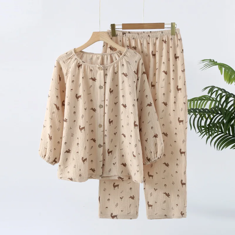 2024 Women\'s Coffee Deer Print Pajamas Long Sleeved Pants Soft and Comfortable Loungewear Round Neck Pijamas Spring 2 Piece Sets