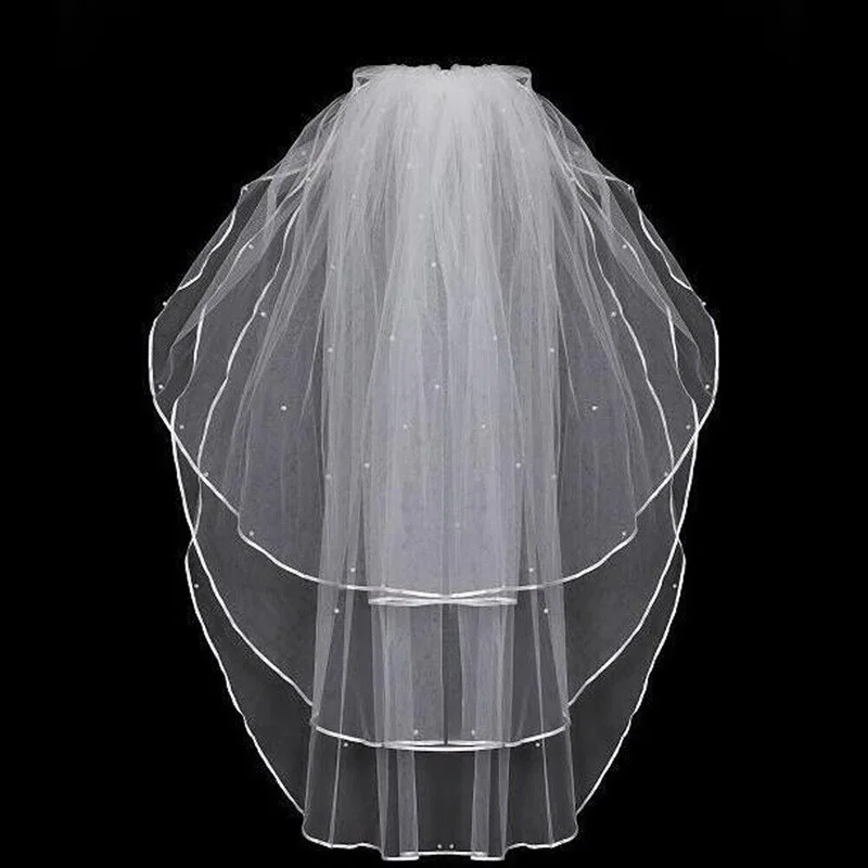 

3 Layers white Ivory Pearl Elbow Length Satin Edge Wedding Bridal Veil with Comb