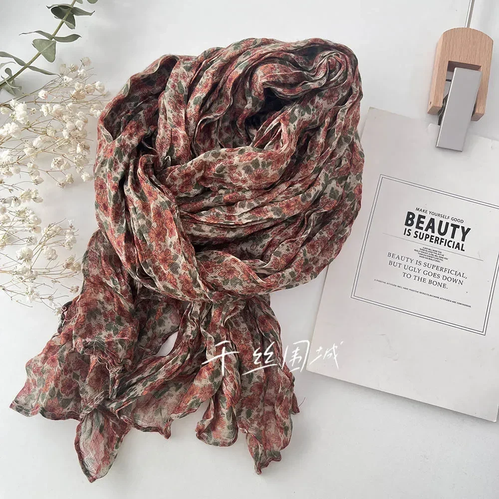 Spring Summer New Thin Breathable Cotton and Linen Touch Scarf for Women\'s Artistic Sunscreen Shawl Versatile Japanese Floral