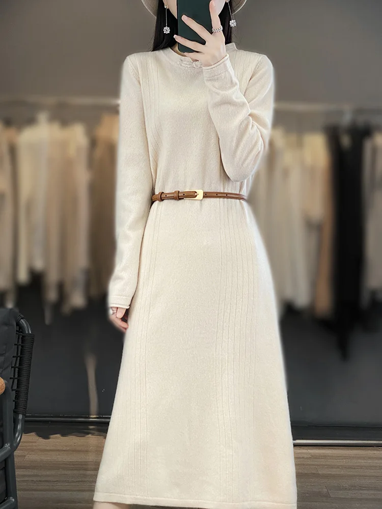 

Women's Cashmere Sweater Skirt, Long Over-the-Knee, Loose, Round Neck Bottom, Wool Knitted Dress, Autumn and Winter