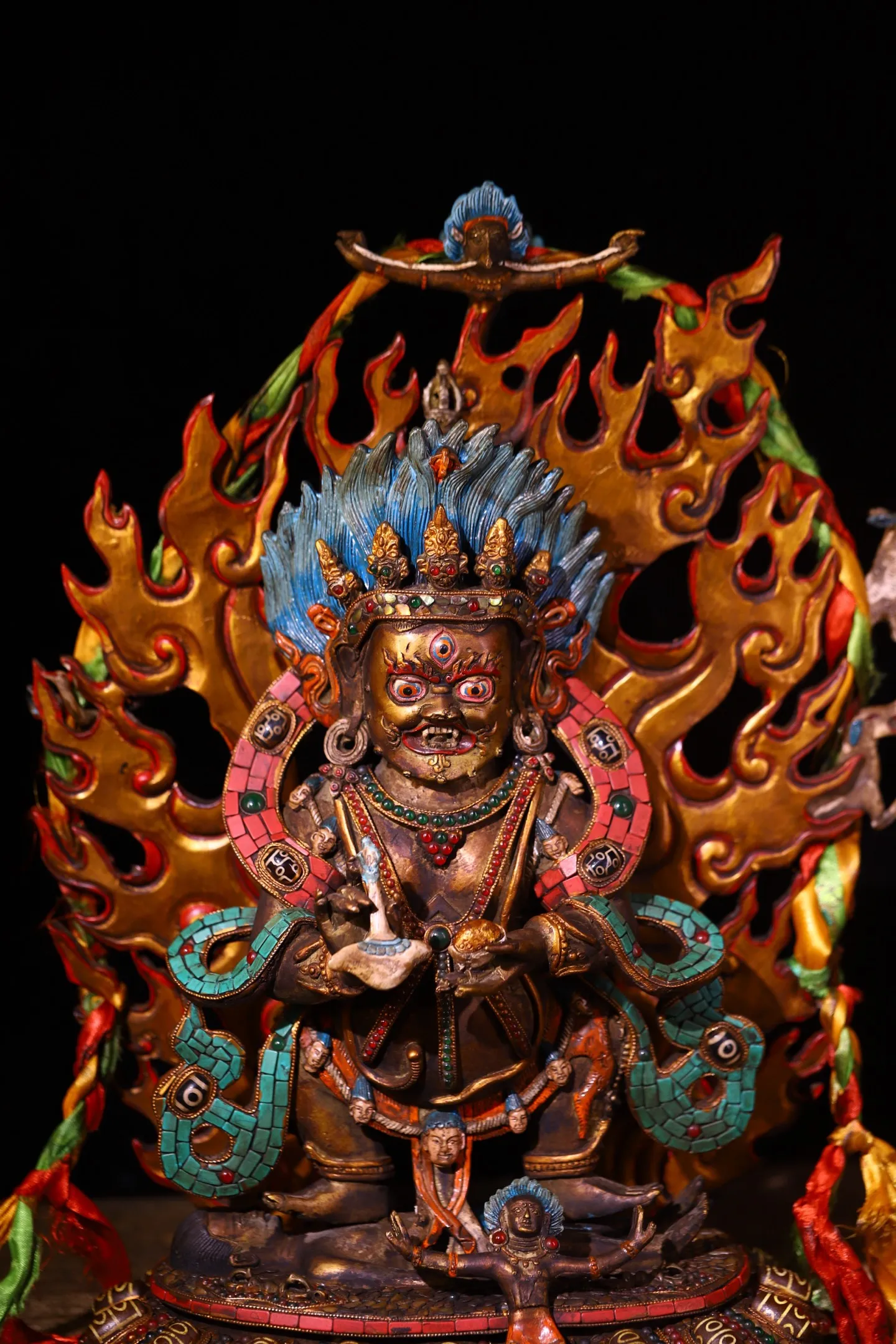 Old Lima Copper Painted Mosaic Gem gZi Beads Turquoise Mahakala Standing Buddha backlight Lotus Buddha Terrace