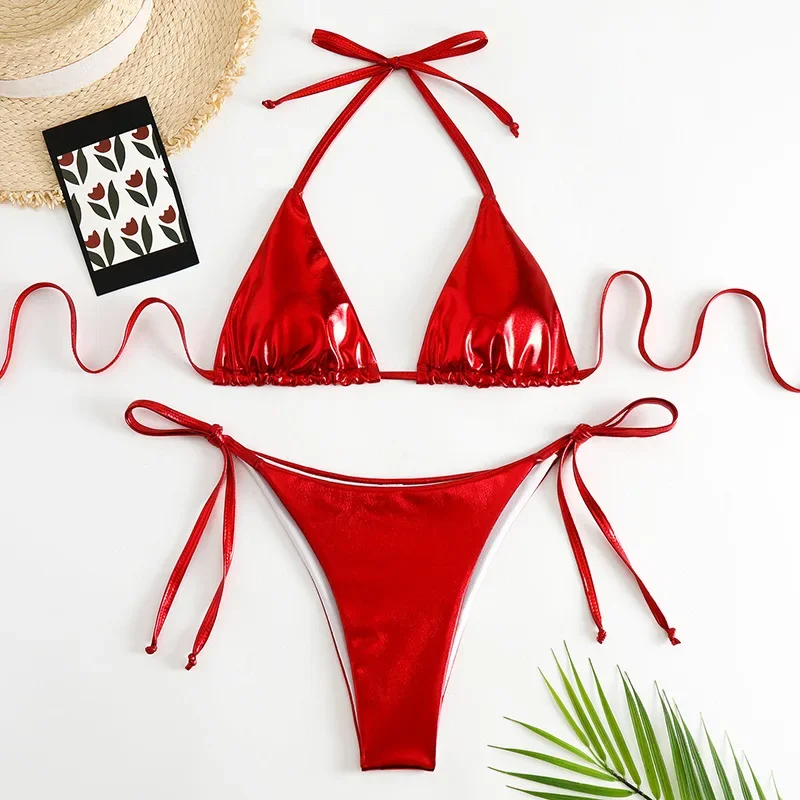 Sexy Red Shiny Triangle Micro Thong Bikinis Sets for Women Mini Swimwear Bathing Suits String Halter Bikini Mujer Swimsuit 2024