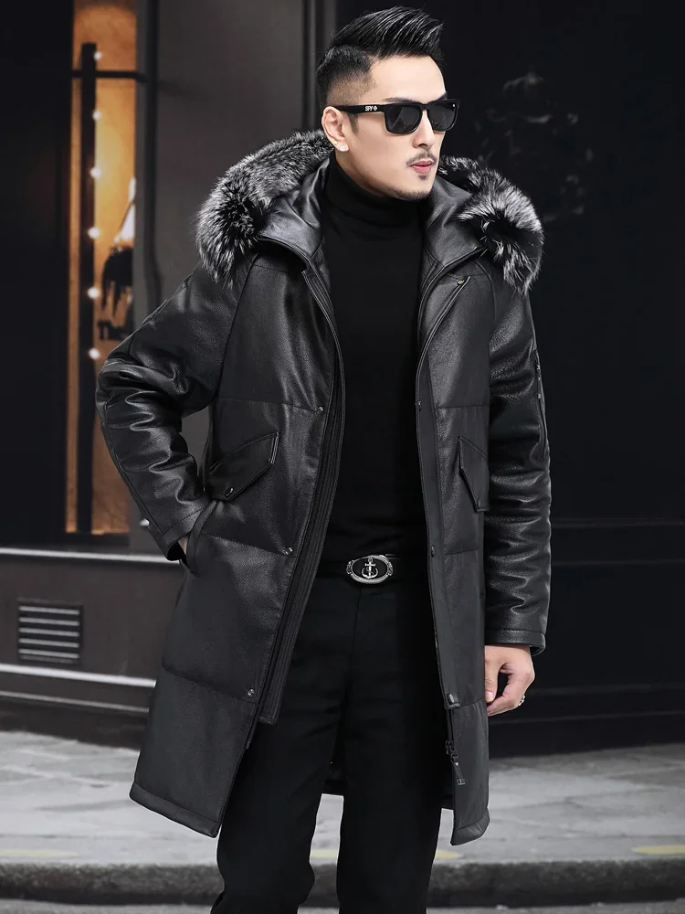 Winter Genuine Leather Down Jacket Men First Layer Calfskin 90% White Duck Down Overcoat Fox Fur Collar Hooded Long Warm Coat