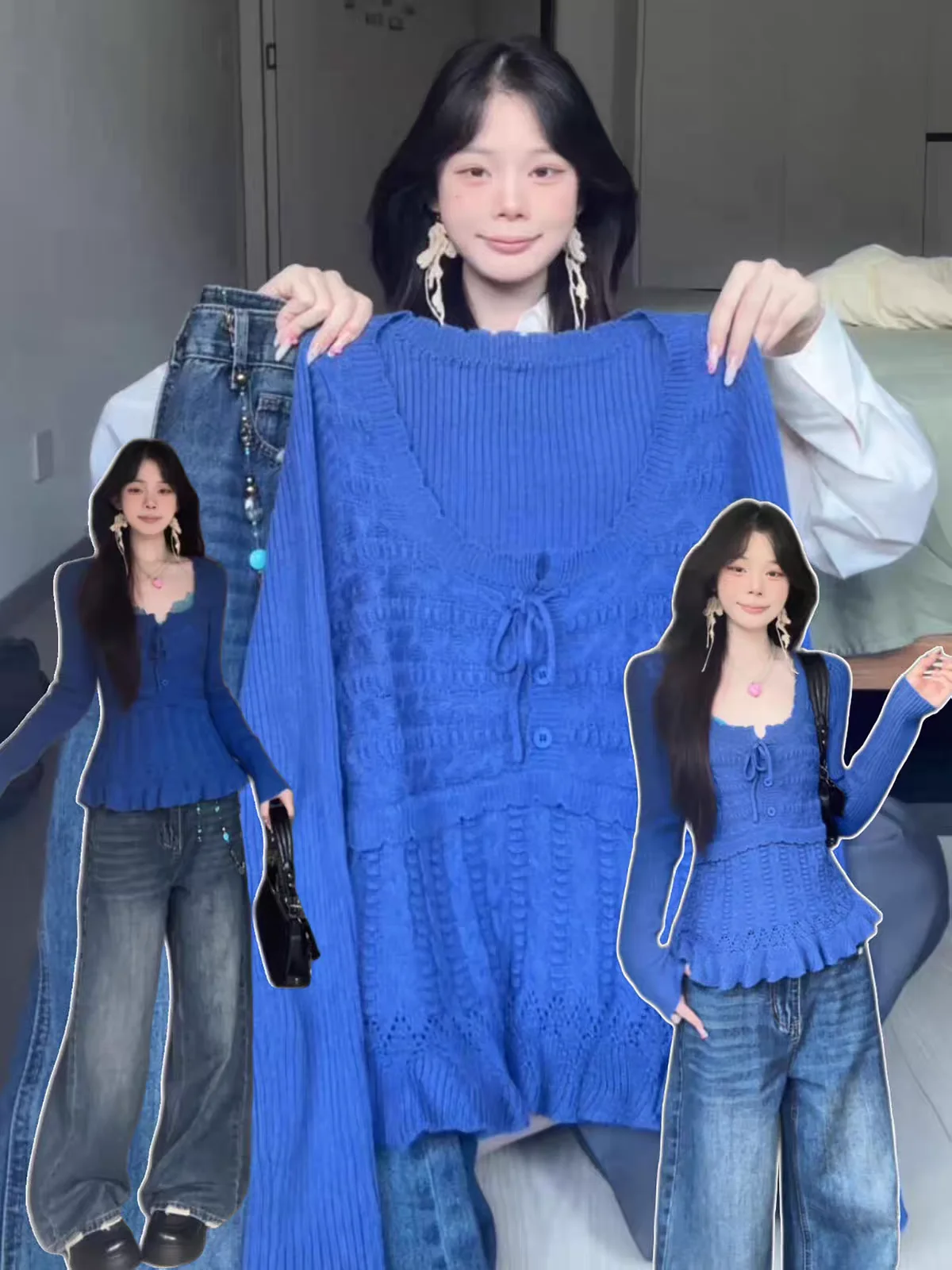 Korean Style Blue Knitted Tie Waist Double Layered Texture Splice Women's Slim Fit Overhead Top City Walk Long Sleeve Pure Color