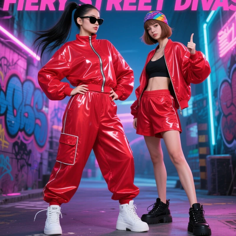 レッドレザージャズダンス衣装女性グループヒップホップ服子供ストリートウェアキッズステージ Kpop 衣装絶賛着用 XS9965