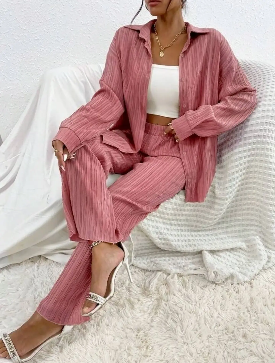 Women\'s Pleated Pajama Set Solid Spring Autumn Ladies Sleepwear 2 Pcs with Pant Single Breasted Loose Pyjama Suit for Female