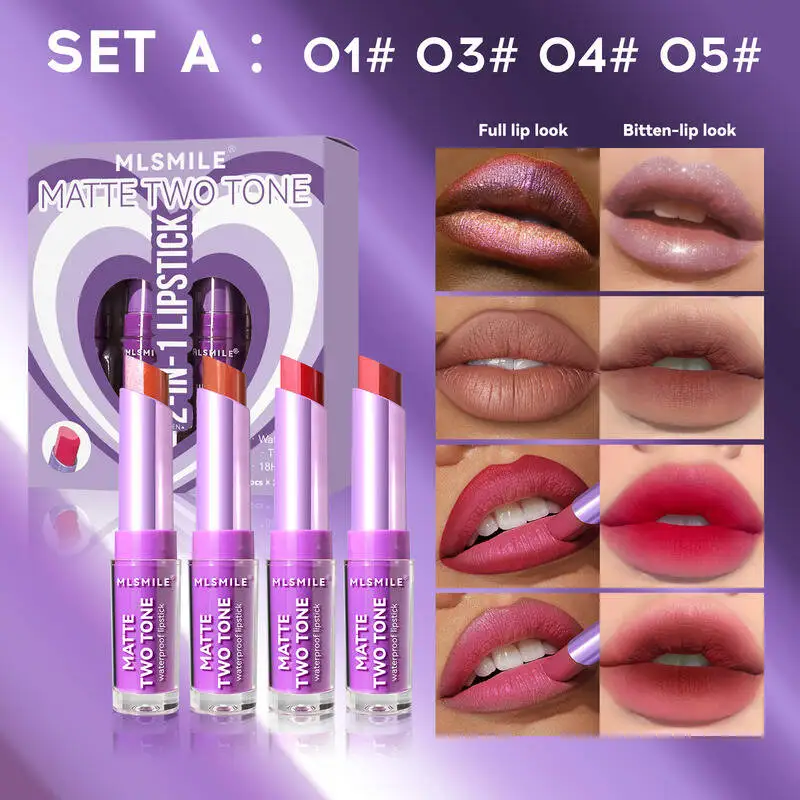 Mlsmile conjunto de dois tons forro perolado bálsamo labial fosco batom hidratante de longa duração 2025 novo