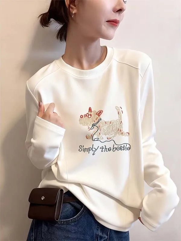 เสื้อยืดผู้หญิงลายการ์ตูนดีไซน์แฟชั่นอเนกประสงค์ ผ้าคาราเมล ฟิโบน เวลเวท บรูด ทรงกลม แขนยาว ให้ความอบอุ่น เหมาะสำหรับเป็นเสื้อตัวใน