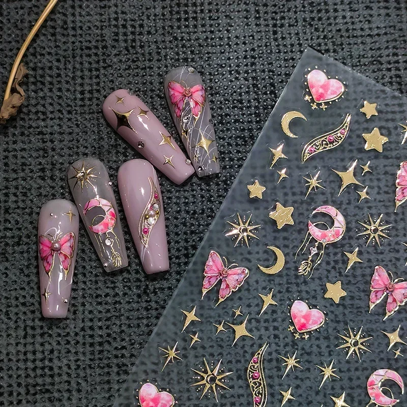 Gilded Butterfly Pink Heart Moon Golden Stars Dream Catcher Nail Sticker 3d DIY Gorgeous Nail Art Self Adhesive Nail Accessories