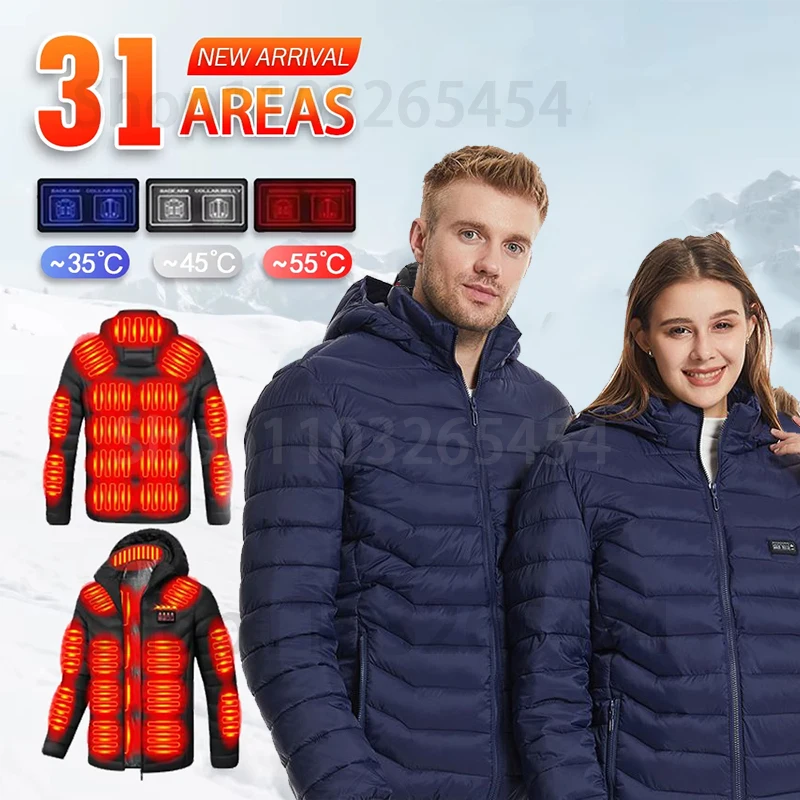 Nouveau 31 zones veste chauffante hommes femmes lavé USB vêtements chauffants à manches longues à capuche Ski Camping randonnée hiver coton veste chauffante