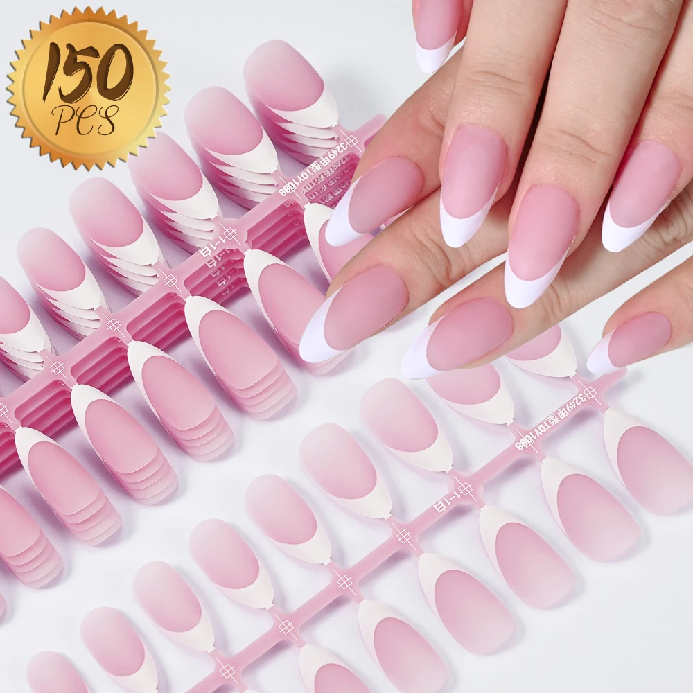 150Pcs/set White French Gel Nail Tips Medium Almond Nude Pink Press On Nail French Tips Matte/Glossy Frosted Soft Gel Nail Tips