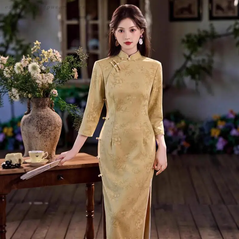 

Плюс размер 3XL Cheongsam, традиционное китайское платье с воротником-стойкой, осеннее новое улучшенное Ципао в китайском стиле, длинное платье с принтом, Vestidos