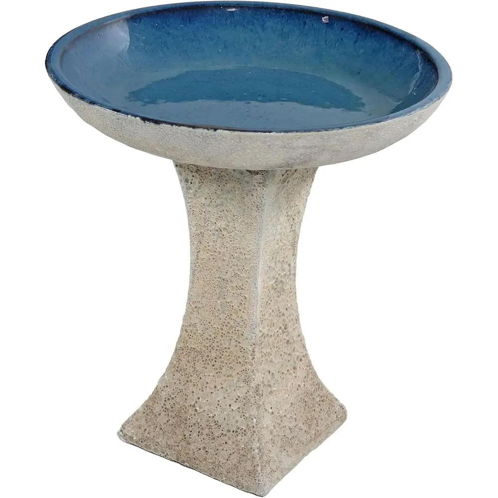 Baño para pájaros Ceic para exterior - 16 pulgadas de alto - Resistente a los rayos UV y al óxido - Baño para pájaros con pedestal - Cuenco azul esmaltado - Acabado de lava blanca