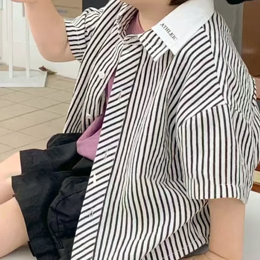 

Boys' Shirt Short Sleeved Top 2024 Spring New Children's Wear Small Boys' Striped Shirt Boys Shirts