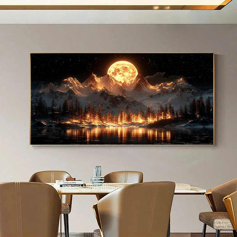 

Large Frameless Canvas Wall Art - Modern Abstract Moonlit Snow Mountain Landscape Print for Living Room, Bedroom Decor, 2D Flat