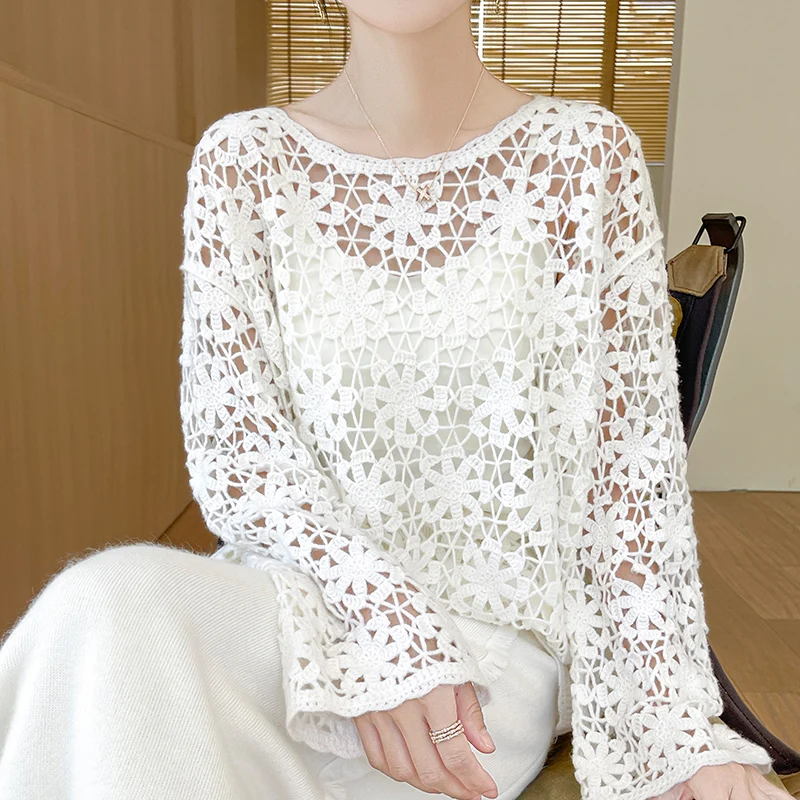 100% pure kasjmier damestrui, ronde hals, hol, comfortabel en los, nieuwe stijl voor lente en zomer 2025