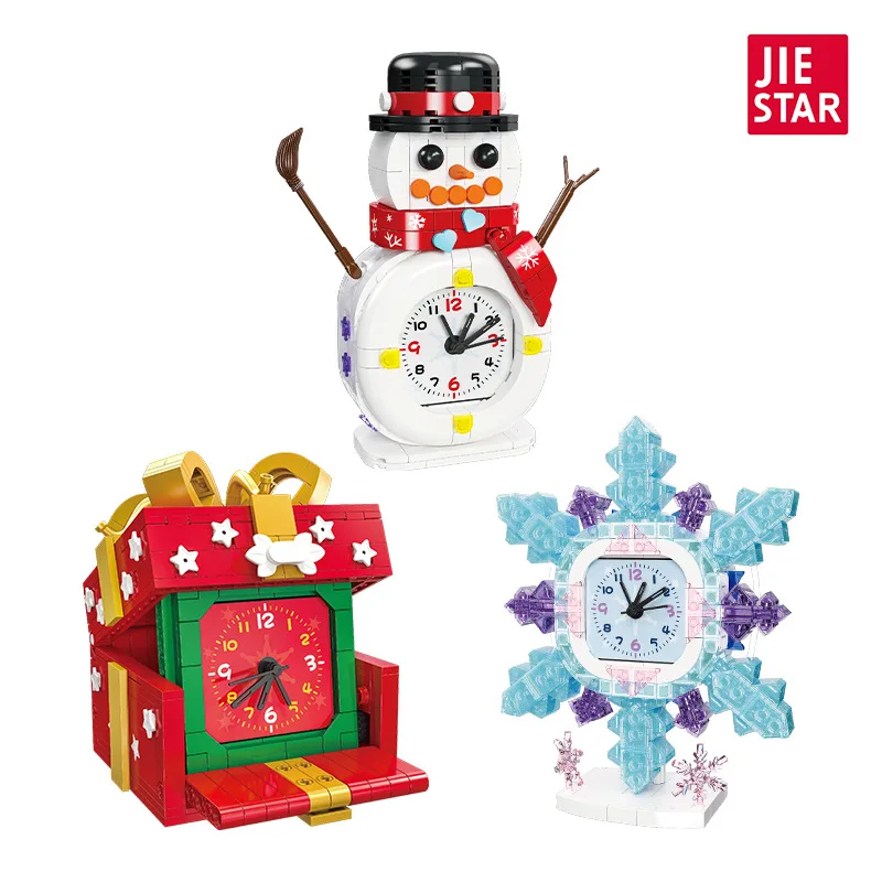 JIE-STAR JJ9189 Christmas Snowman Clock Building Blocks - LED-lit Holiday Decor, DIY Gift for Kids