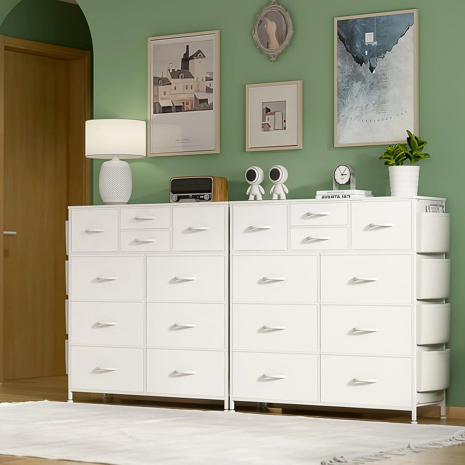 White bedroom vanity with 10 drawers, drawer box with side pockets and hooks, PU storage vanity, living room, hallway