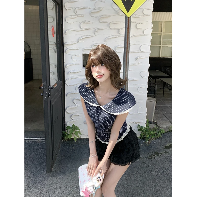 

Винтажные рубашки в горошек, женские укороченные кружевные лоскутные блузки в стиле Харадзюку, летние японские кавайные милые дизайнерские топы с летающими рукавами, новинка