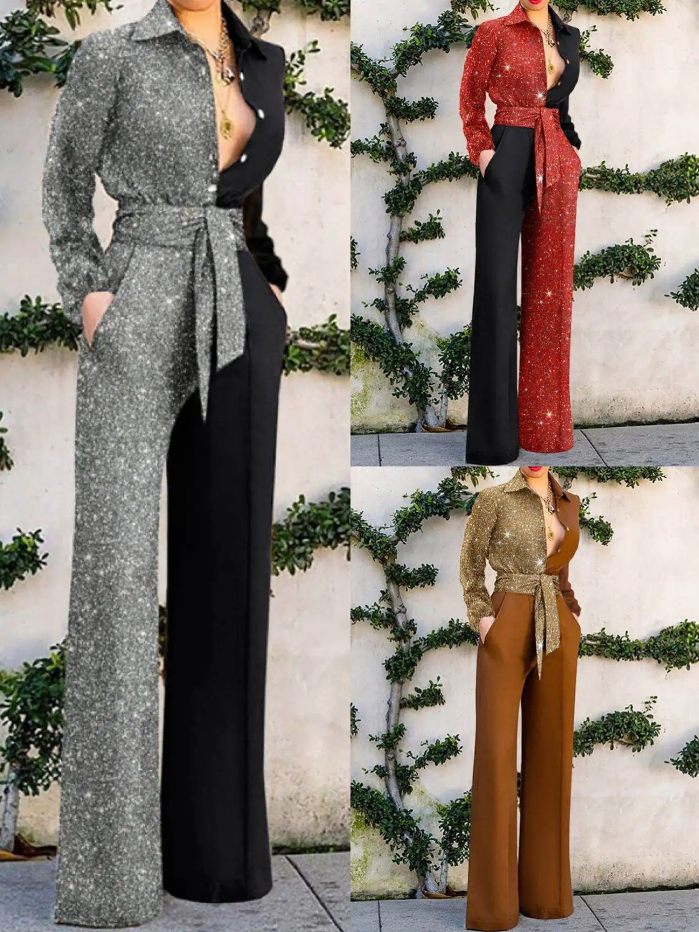 

Женский комбинезон Iny Tead, весна-лето, новинка, длинный рукав, широкие штанины, с поясом, модный, двухцветный, длинные брюки