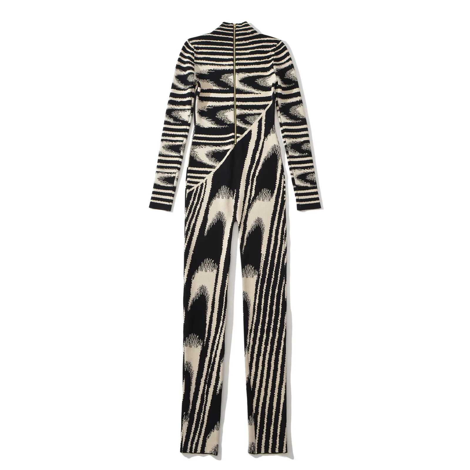 Women Chic Abstract Knitted Turtleneck Long Sleeve Jumpsuits Stretchable Slim