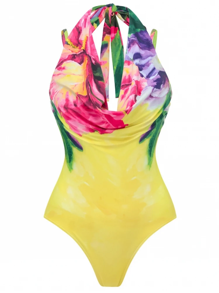 ملابس سباحة نسائية جديدة صيفية: بيكيني بودي سوت مع تنورة، تصميم مكشكش وطبعة مميزة، ملابس شاطئية للعطلات، أغطية بيكيني