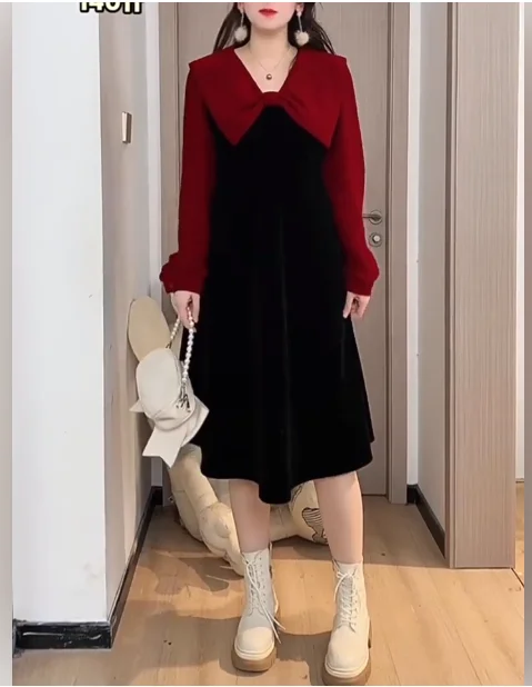 Large Size Girl Contrasting Colors Sweet Bow V-neck Splicing Dress Autumn Winter Elegant High Waist A-line Long-sleeved Dresses