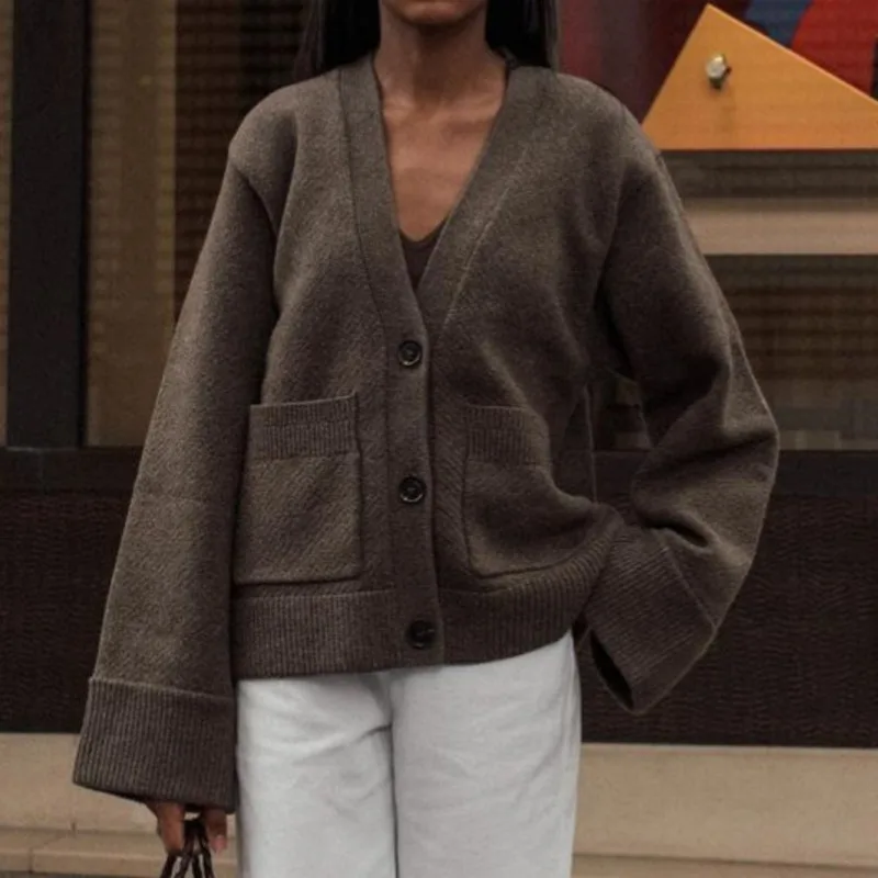 

Women Fashion Solid Single Breasted Knitted Cardigan Elegant V Neck Long Sleeves Sweater Autumn Chic Lady Casual Warm Coat
