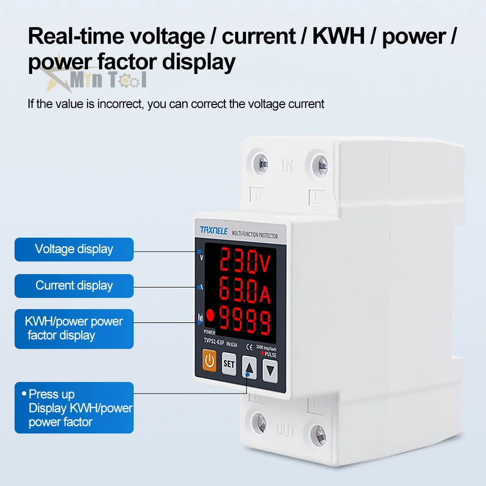 63A 220V 3 in1 wyświetlacz DinRail regulowany ponad pod napięciem przekaźnik zabezpieczenia przeciwprzepięciowego nad prądem Kwh wat zasilacz