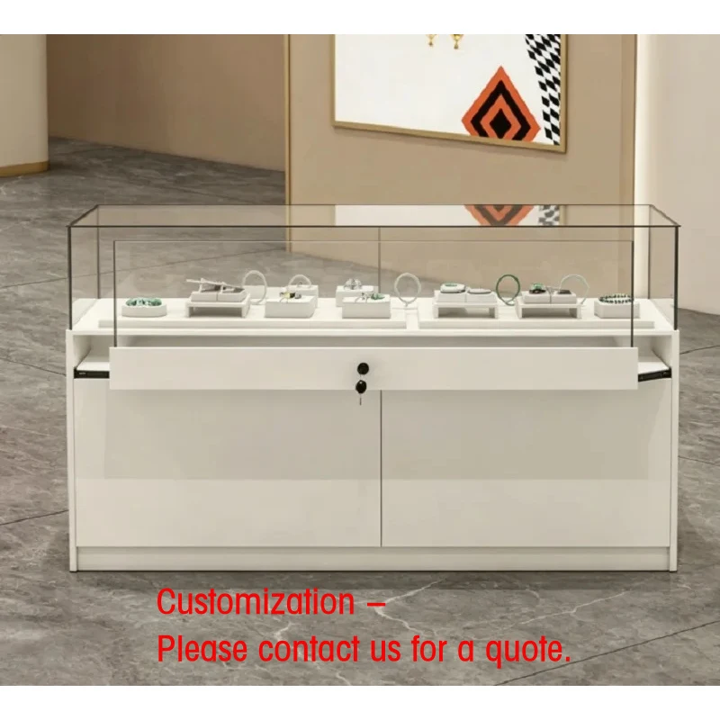 custom.Modern Minimalist White Glass Jewelry Display Counter, Lockable Retail Showcase with Storage Drawers