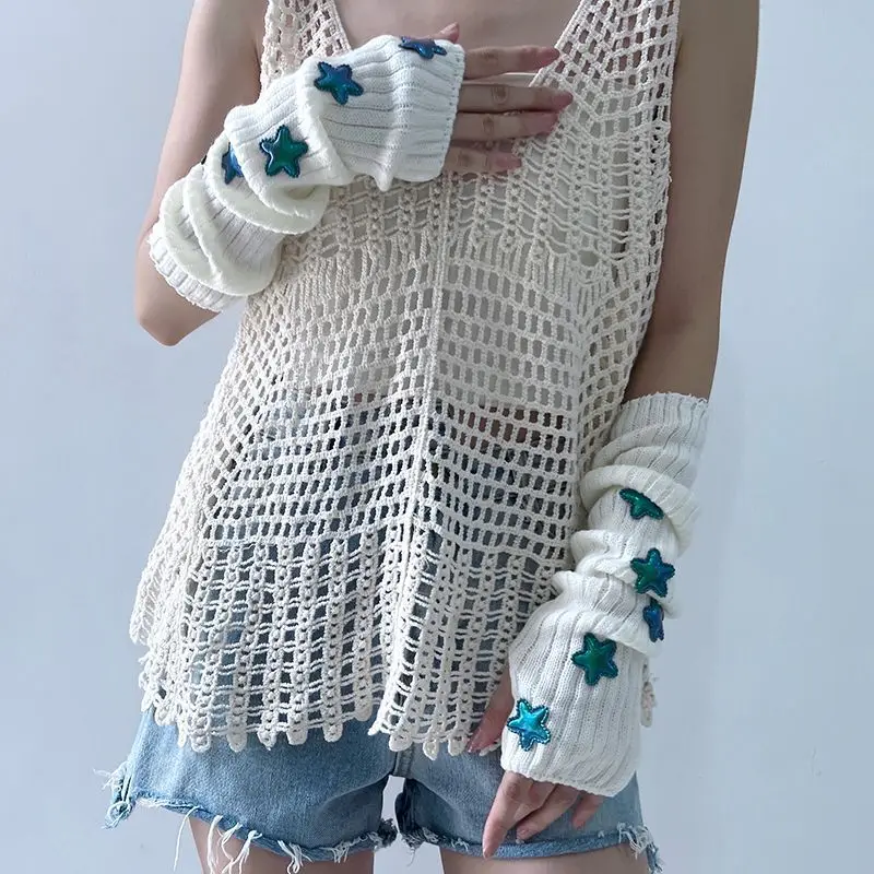 الدفء ستار الذراع أدفأ قفازات نسائية أنيق اليد Y2K الجمالية ثقب الحياكة اليابانية الشرير القوطية أصابع كم الأصفاد