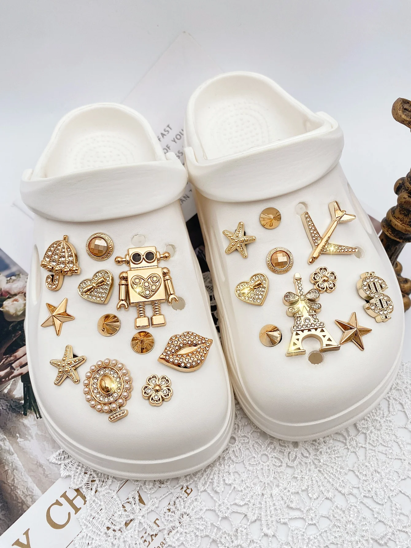 21 قطعة من الروبوت الذهبي، طائرة ماسية نقطية، شفاه، مظلة، قلب، مرآة لؤلؤ ABS، برج فلاش ناعم، نجم البحر، زهرة، فاي #1