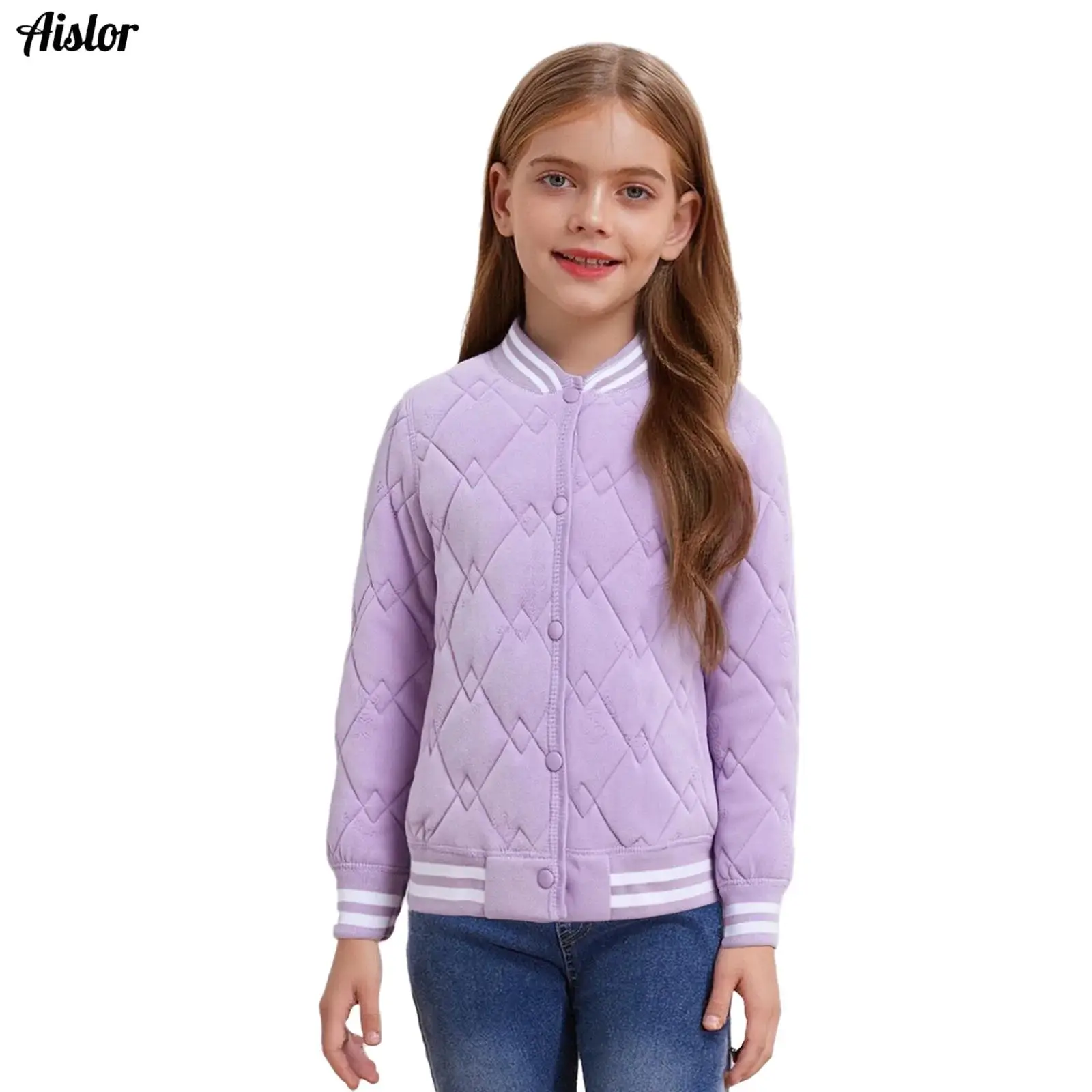 

Kids Girls Fleece Thick Padded Coat Autumn Winter Striped Hem Press Buttons Baseball Jacket Outdoor Outerwear Casual Homewear