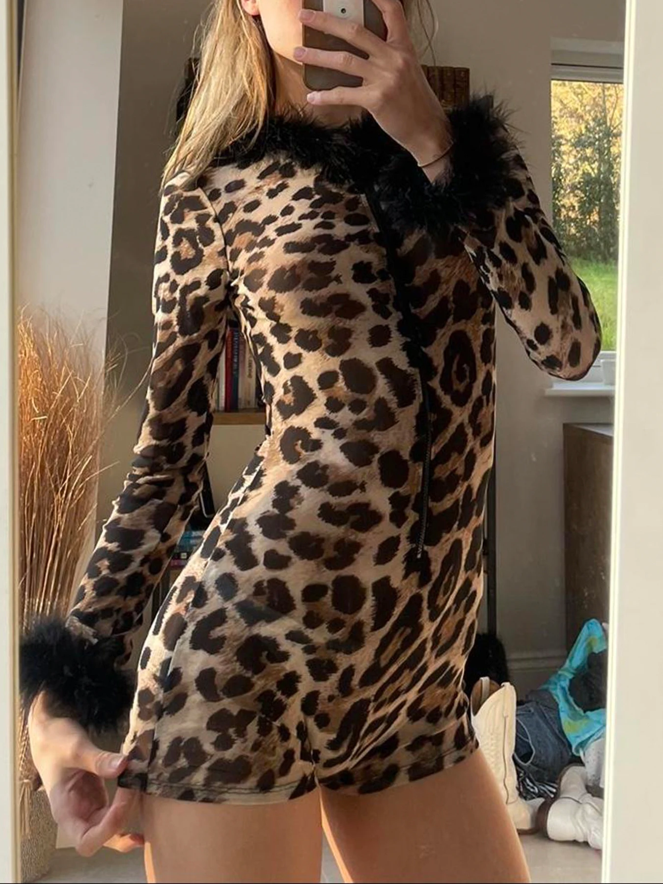 Rockmore Leopard Fur Collar Hooded Jumpsuit Women Vintage Bodycon Romper One Piece Bodysuit Street Zipper Long Sleeve Playsuit