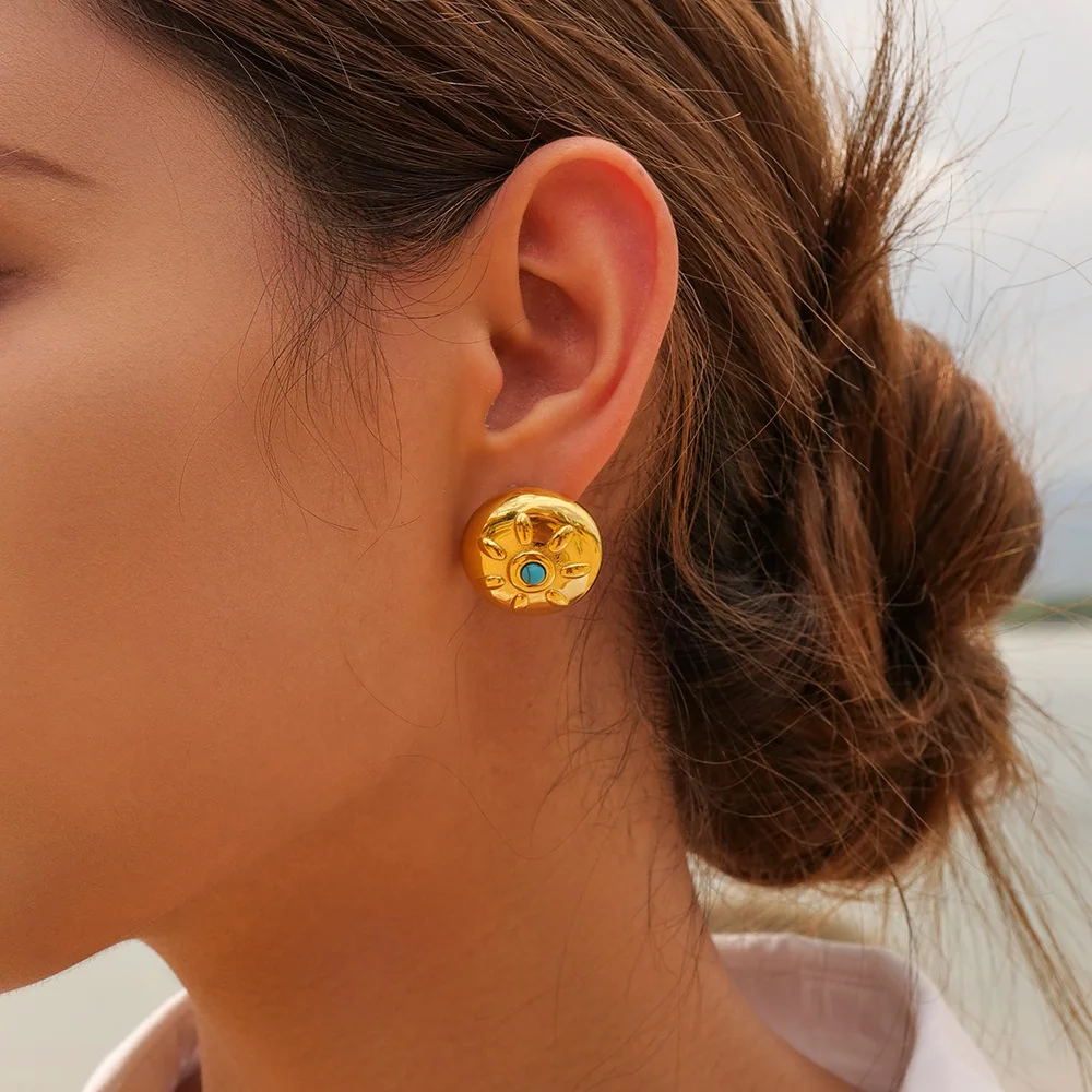 

Stainless Steel PVD 18K Gold Plated Tarnish Blue Stone Buttom Stud Earrings For Woman Jewelry Wholesale Trendy