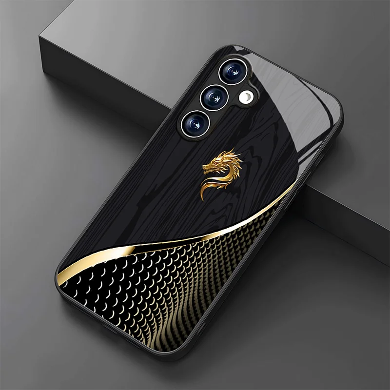 Golden dragon head with black wood pattern TPU glass Phone Case,suitable for Samsung S26/S25/S24/S23/S22/S21/S20and other models