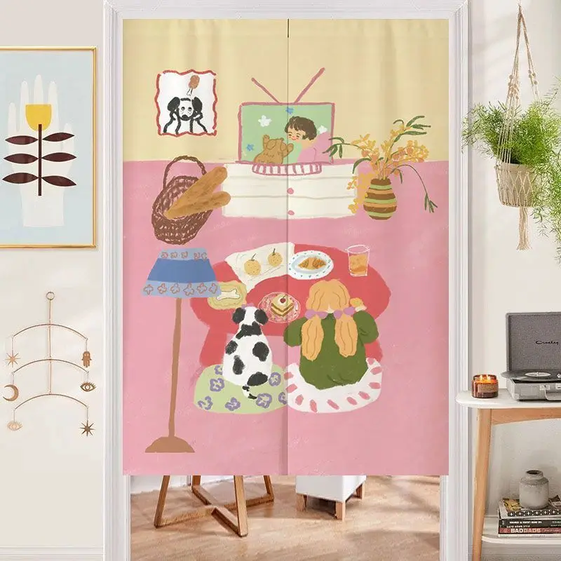 Healing Illustration Wind Door Curtain Afternoon Tea Girl and Spotted Dog Home Non Perforated Room Covering Decorative Curtain