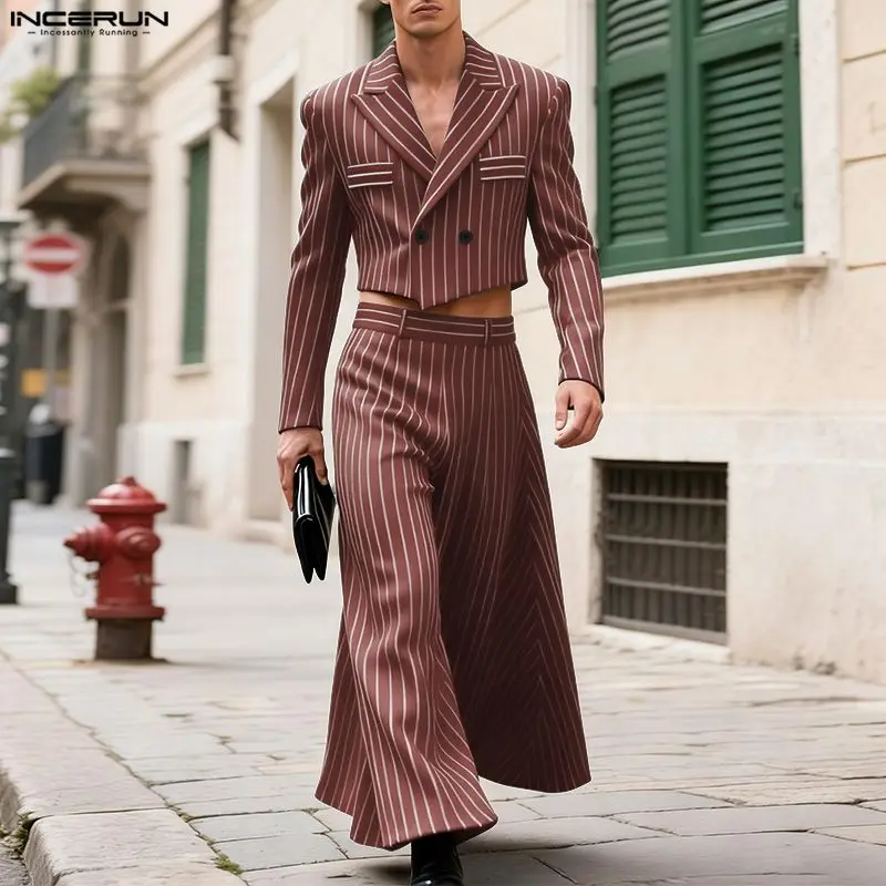 INCERUN Set da uomo a righe elegante risvolto manica lunga giacca corta e pantaloni a gamba larga 2 pezzi streetwear abiti casual da uomo moda allentata
