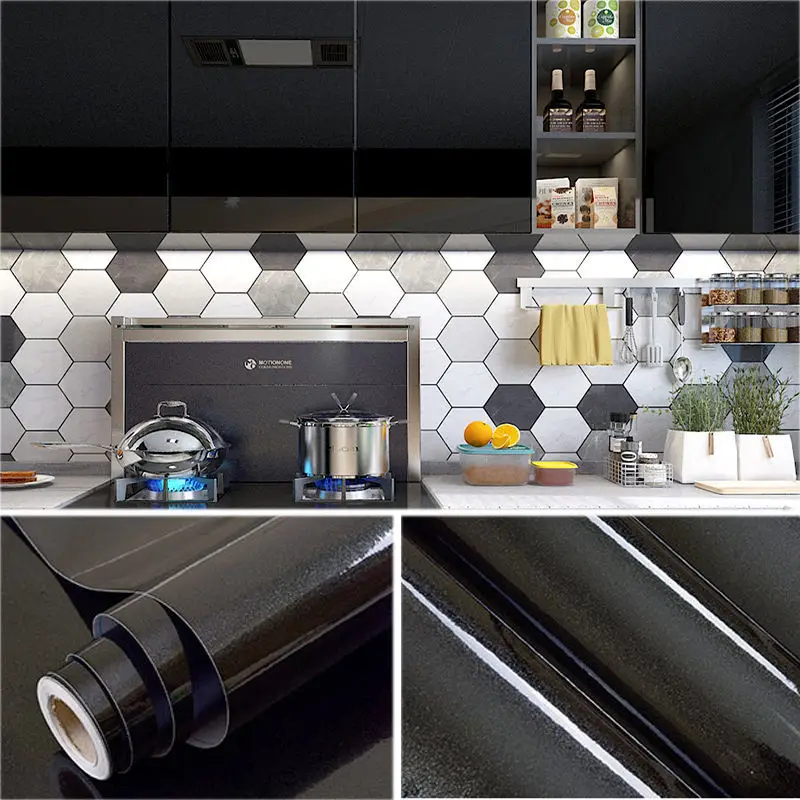 Shiny Black DIY Self Adhesive Kitchen Cabinets Wallpaper Waterproof Wall Stickers Vinyl Contact Paper Renovation Home Decor Film