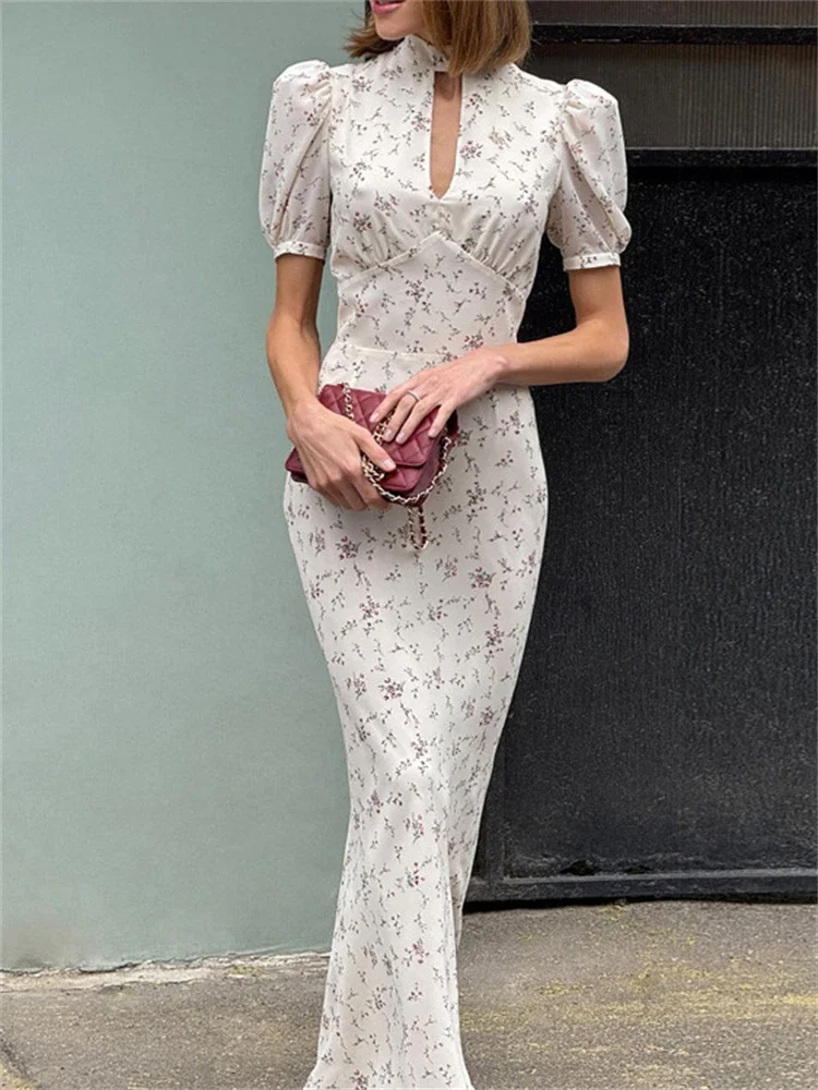 

2026 Elegant Printed Long Dress Women's V-Neck Short Sleeve High Waist Patchwork Hollow Out Dress Female Summer Dress