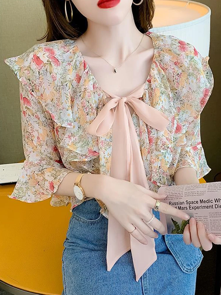 Jmprs Sweet Floral Chiffon Blouse Women Elegant Ruffles French Shirt Fashion Lace Up O Neck Design Casual Female Chic Tops New