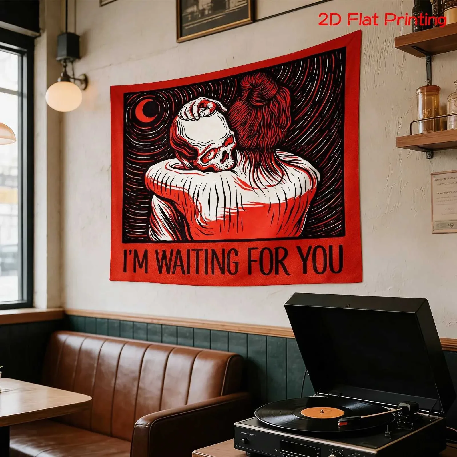 VIKAMA Dark Style Skeleton Embracing Tapestry Red and Black Retro I'm WAITING FOR YOU Text Printing Halloween Horror Z260813