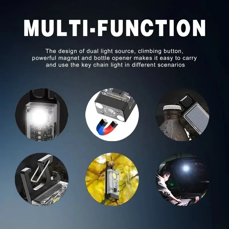 سلسلة مفاتيح COB تعمل بالطاقة الشمسية، مصباح يدوي صغير قابل لإعادة الشحن من النوع C مع مغناطيس لإصلاح التخييم مع فلاش انفجار أحمر أزرق