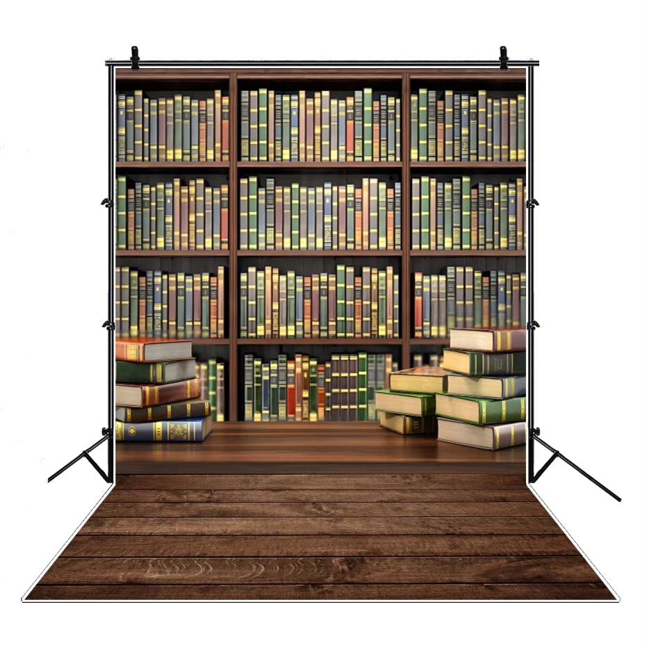 Vintage Wood Bookshelf Photography Background Library Bookcase Scene Children Back to School Party Decor Baby Portrait Backdrops