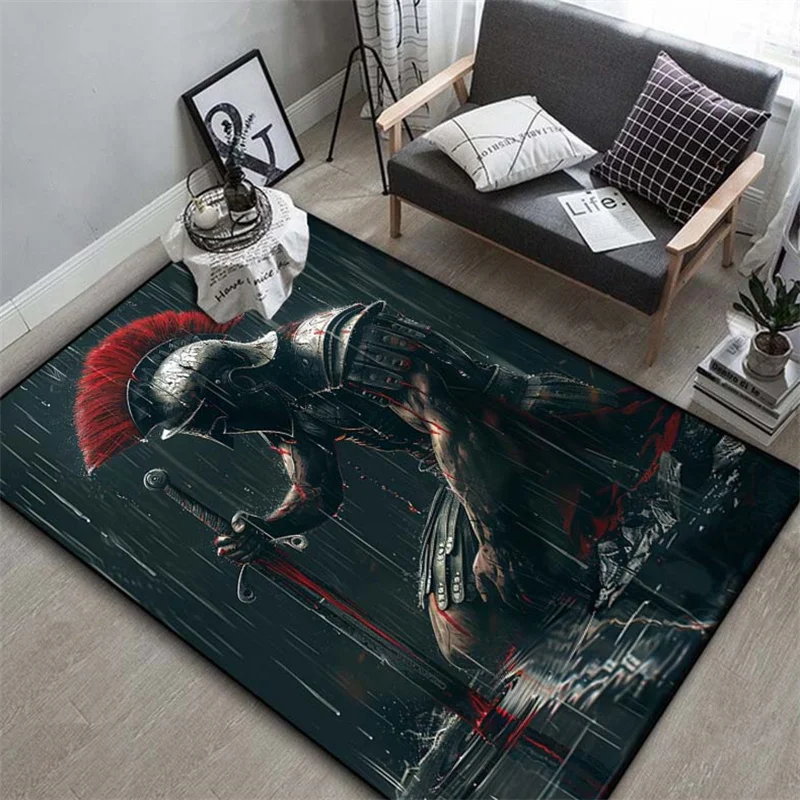 1pc Medieval‑Spartan‑Battle Rectangular Area Rug, Indoor & Outdoor Floor Mat for Living Room, Bedroom