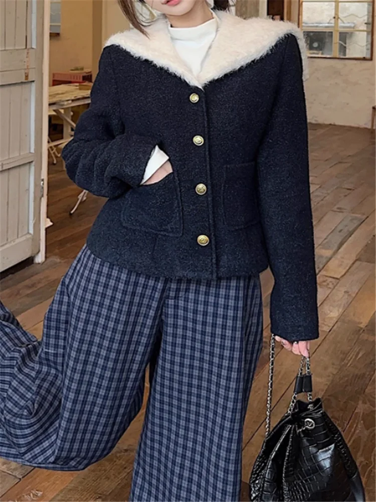 

Короткая толстая куртка контрастного цвета с темно-синим воротником, новая осенне-зимняя женская ретро темно-синяя теплая теплая теплая куртка, винтажная шикарная верхняя одежда, топ