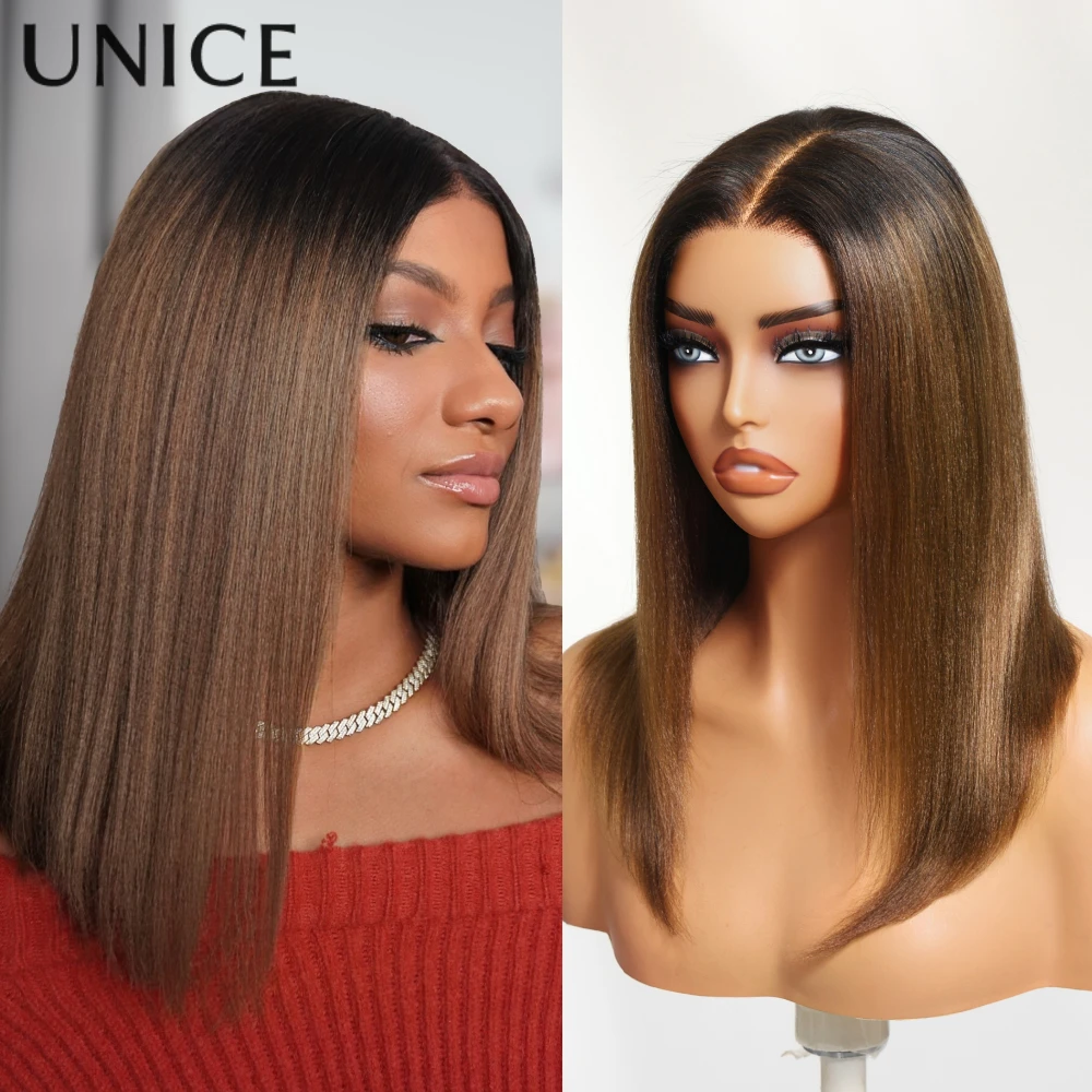 

UNice Ombre Brown Straight Bob 7x5 Lace Front Wig-100% Human Hair ,Shoulder Length, Glueless, Pre-Plucked Hairline, Natural Look