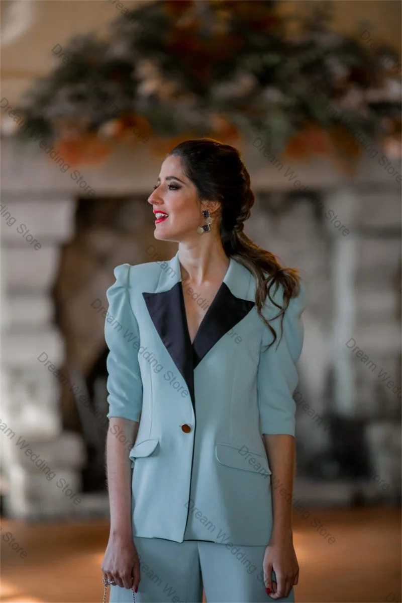 Blue Black Women Suit Set 2 Pcs Blazer Pants Trousers 3/4 Full Sleeves Formal Office Lady Jacket Customized Guest Wedding Coat